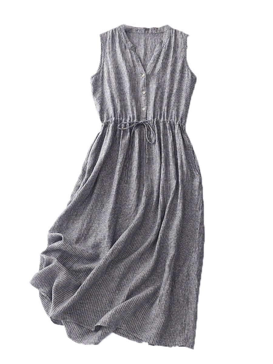 Women's Literary V-neck Sleeveless Tie Dress