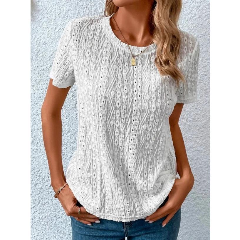 Sweet round neck hollow short-sleeved T-shirt female