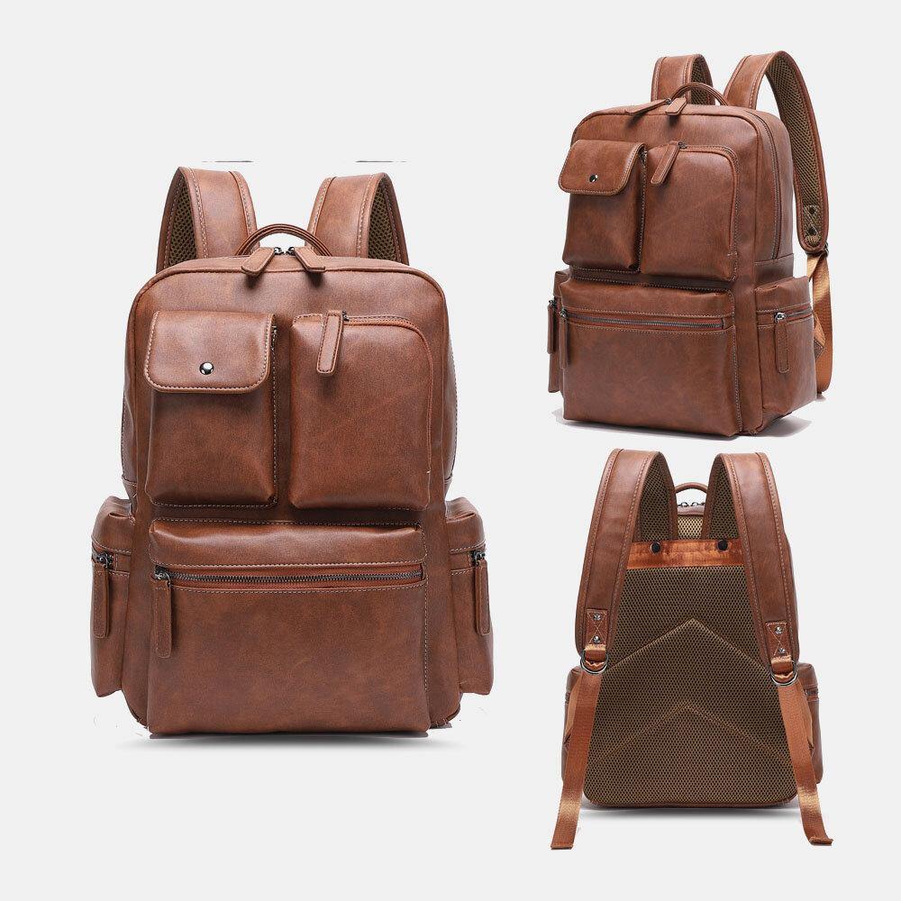 lovevop Men PU Leather Multi-pocket Breathable Backpack Retro Large Capacity 14 Inch Laptop Bag