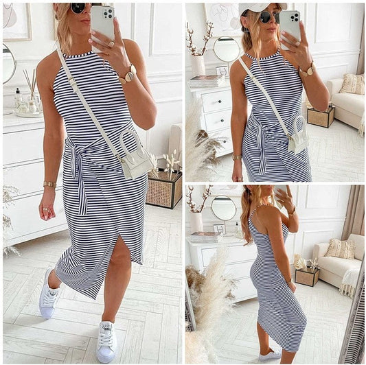 🔥Summer Hot Sale 😊Casual Sleeveless Striped Midi Dresses