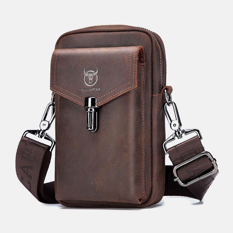 lovevop Men Genuine Leather Large Capacity Vintage 6.5 Inch Phone Bag Waist Bag Shoulder Bag Crossbody Bag