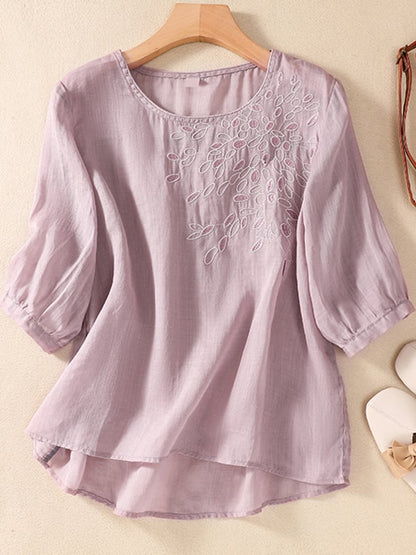 Lovevop Solid Color Round Neck Embroidered Casual Top