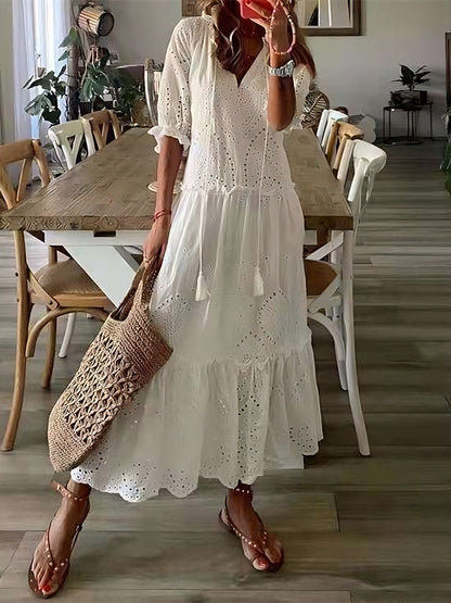 lovevop Loose Casual V-neck Lace Dress