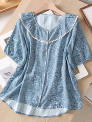 Lovevop Fashion Printed Floral Lace Round Neck Shirt