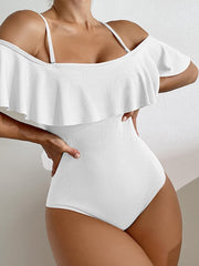 Conservative Suspender Shoulder Ruffled High Waist Conjoined Swimsuit