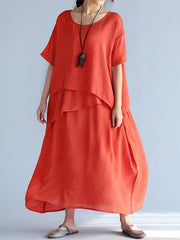 Lovevop Solid Loose Short Sleeve Multi Layered Dress