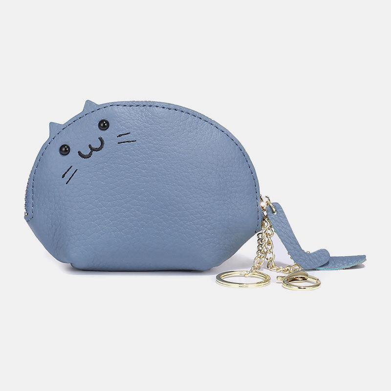 elvesmall Women Genuine Leather Casual Cute Animal Cat Pattern Mini Hanging Coin Bag Storage Bag