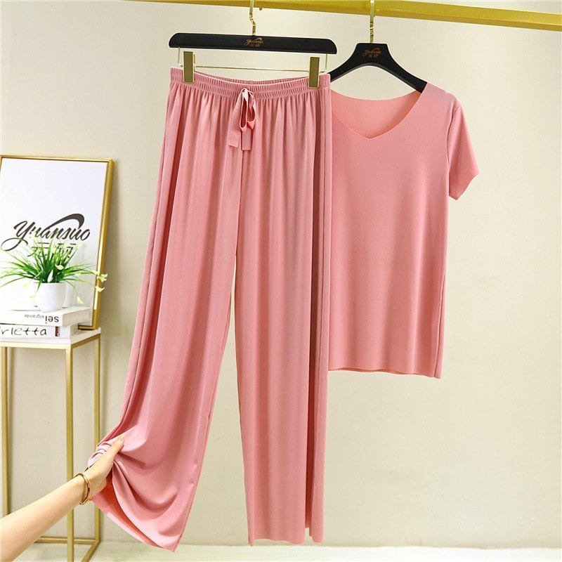 Soft Comfortable Ice Silk Short Sleeve T-Shirt Two Piece Set Loose Wide-leg Pants✨BUY 2 FREE SHIPPING✨