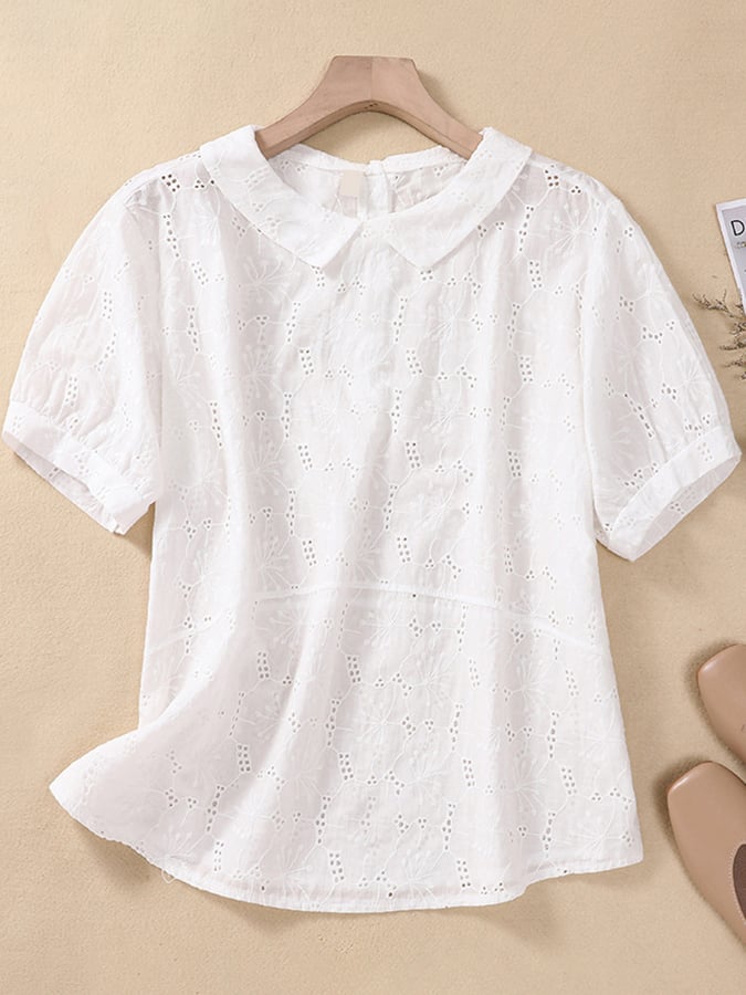 Lovevop Cotton Peter Pan Neck Hollow Embroidered Sleeves Casual Shirt