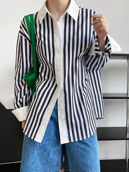 lovevop Simple Long Sleeves Contrast Color Striped Lapel Blouse Top