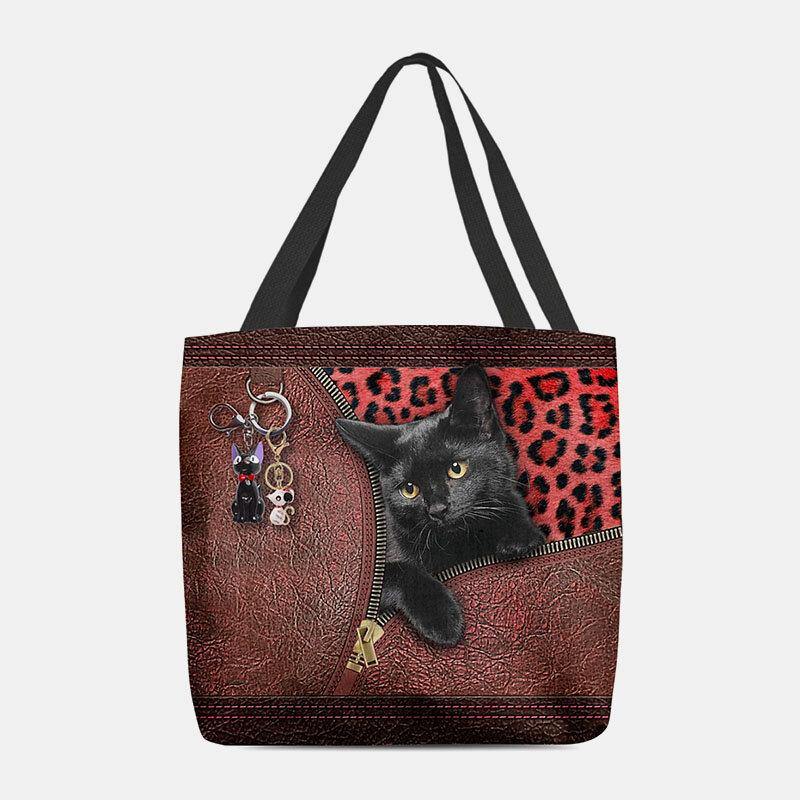 lovevop Women Felt Cute 3D Three-dimensional Cartoon Black Cat Pendant Pattern Shoulder Bag Handbag Tote