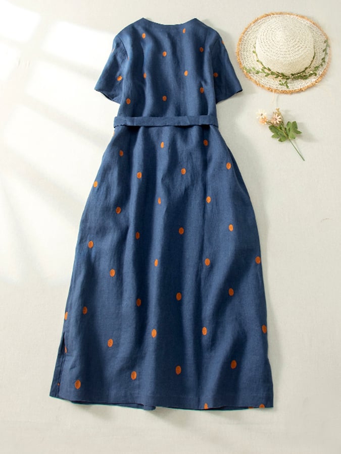 Lovevop Cotton And Linen Printed Polka Dot Artistic Waistband Dress