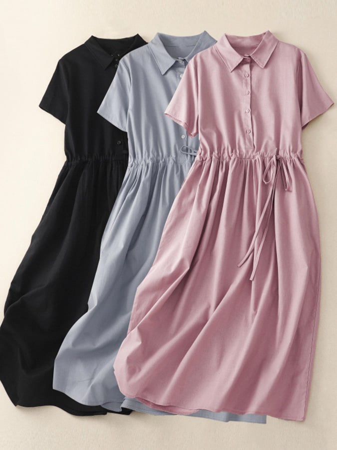 Lovevop Belted Solid Color Shirt Dress