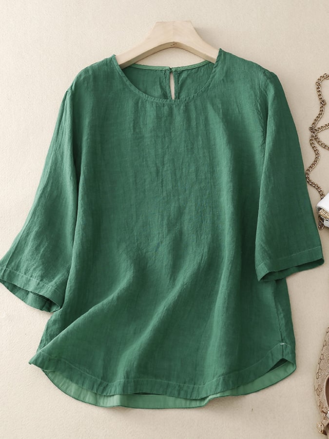 Lovevop Cotton Solid Color Round Neck Loose Casual Top