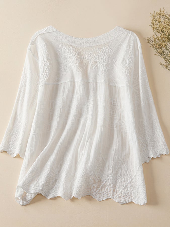 Lovevop Embroidered Lace V-Neck Temperament Ladies Casual Shirt