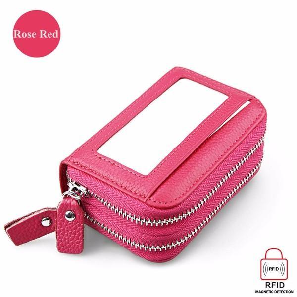 elvesmall Genuine Leather RFID Double Zipper 11 Card Holder Coin Bag