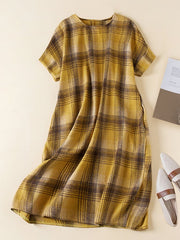 Lovevop Vintage Plaid Cotton Linen A-Line Pocket Dress
