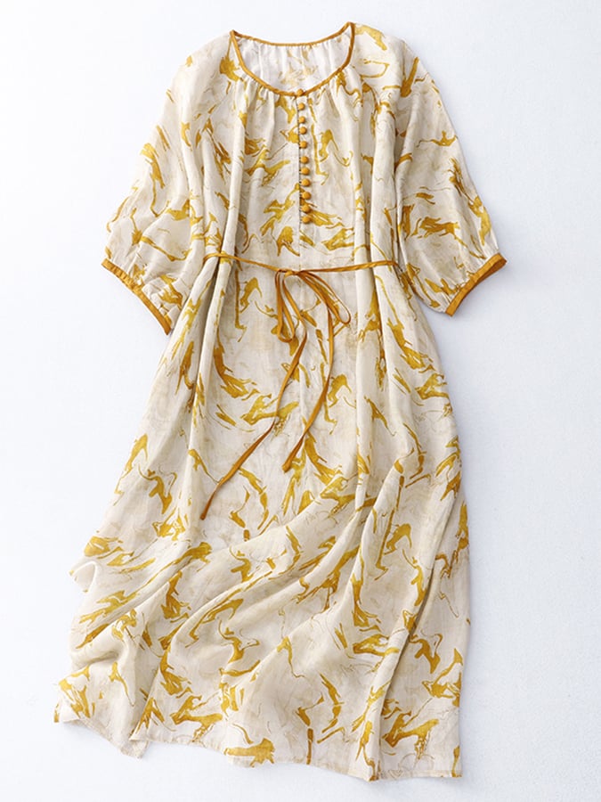 Lovevop Printed Cotton And Linen Floral Lace Up Large Swing Dress