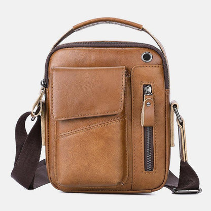 lovevop Men Genuine Leather Multi-pocket Headphone Hole Vintage 6.5 Inch Phone Bag Crossbody Bag Shoulder Bag Messenger Briefcase