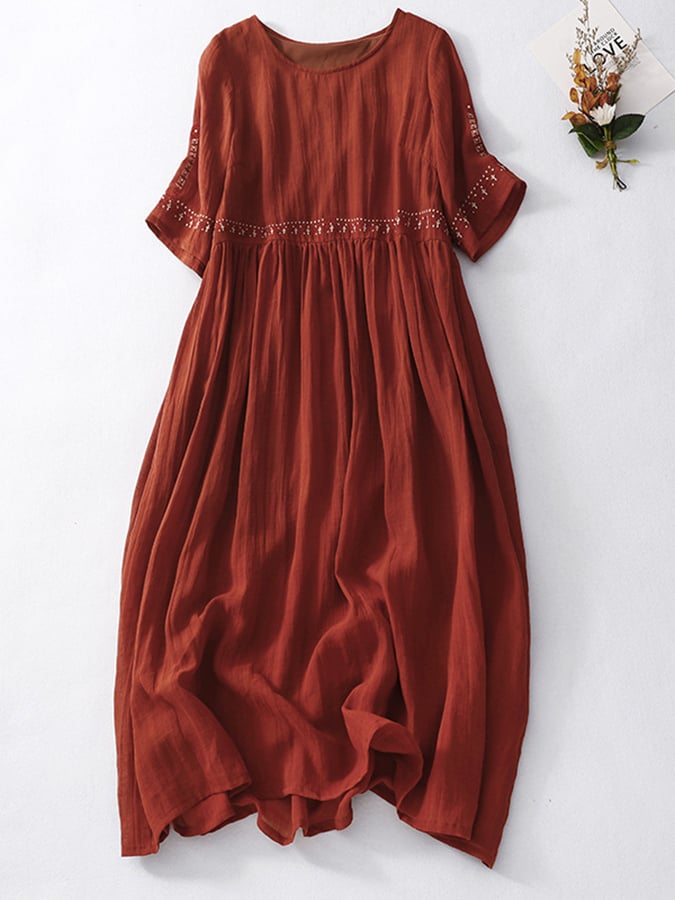 Lovevop Cotton And Linen Embroidered Loose Dress