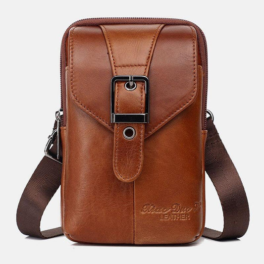 lovevop Men Genuine Leather Vintage Multifunctional 6.5 Inch Mini Phone Bag Crossbody Bag Waist Bag Cowhide Bag