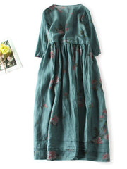 Lovevop Retro Art Cotton Linen Printed Waistband Dress