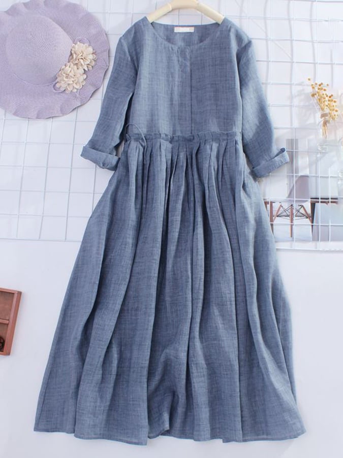 Lovevop Medium Sleeved Cotton Linen Loose Lace Up Large Swing Dress