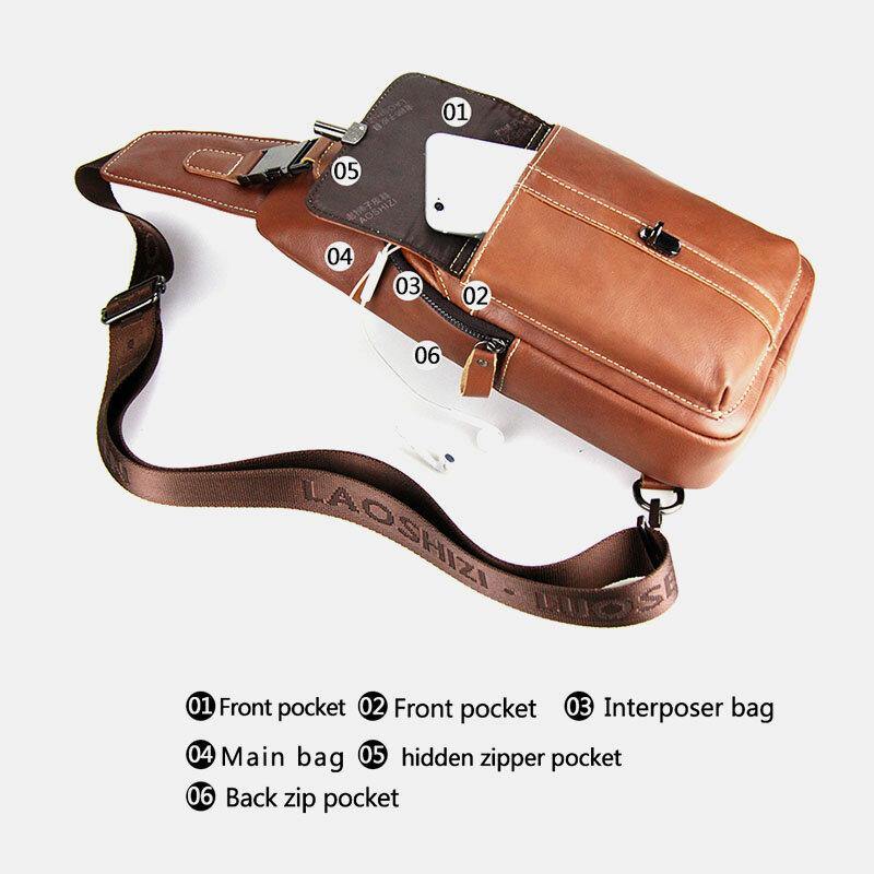 lovevop Men Genuine Leather USB Charging Retro Casual Cowhide Chest Bag Sling Bag Crossbody Bag