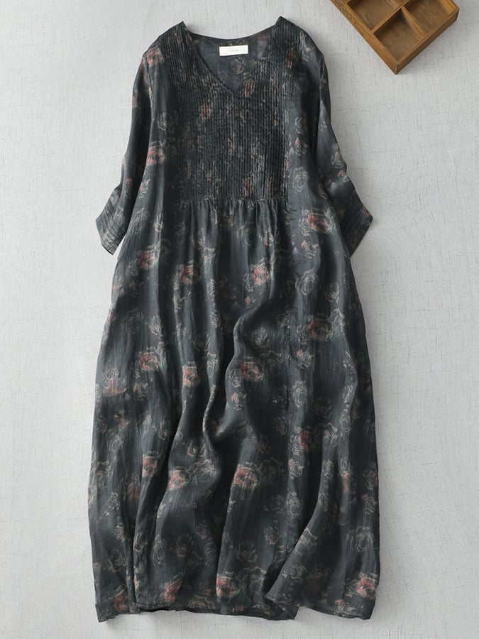 Lovevop Printed V-Neck Minimalist Thin Linen A-Line Dress