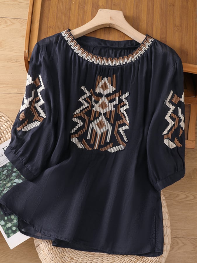 Lovevop Embroidered Round Neck Temperament Ladies Casual Shirt