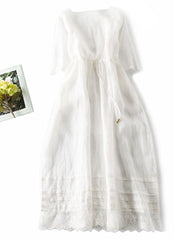 Lovevop Cotton And Linen Lace Up Round Neck Loose Dress