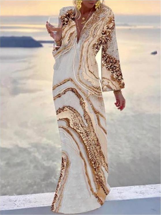 Women's Golden V-Neck Long Dress