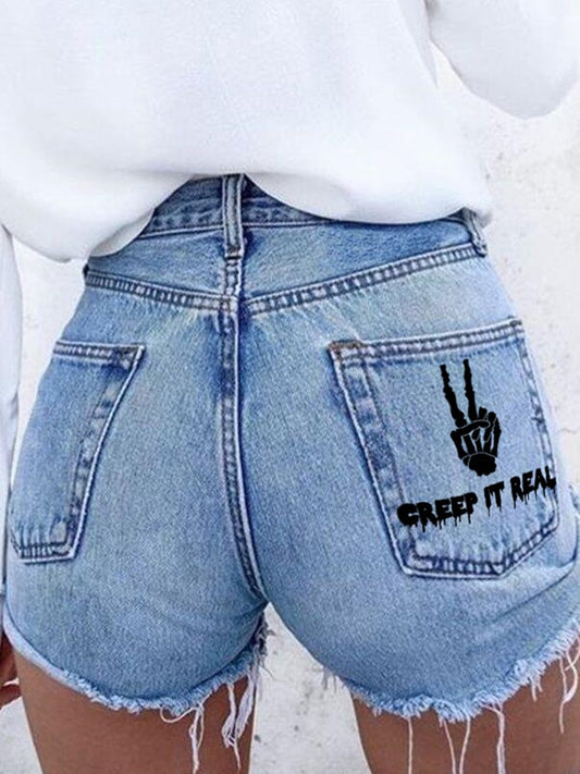 Skull Hand Print Sexy Denim Shorts