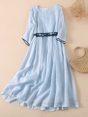 Lovevop Cotton And Linen Fashion Loose Embroidery Waist Slimming Mid-Length Dress