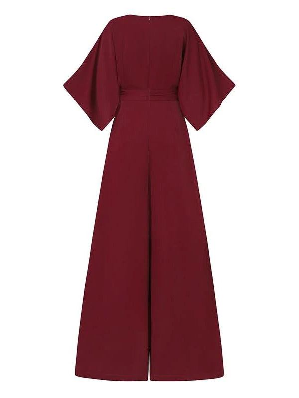 Love-vop - Simple Solid Color V-Neck Half Sleeves Wide Leg Jumpsuits