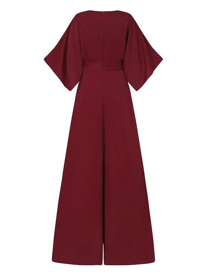 Love-vop - Simple Solid Color V-Neck Half Sleeves Wide Leg Jumpsuits