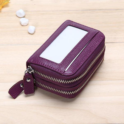 elvesmall Genuine Leather RFID Double Zipper 11 Card Holder Coin Bag