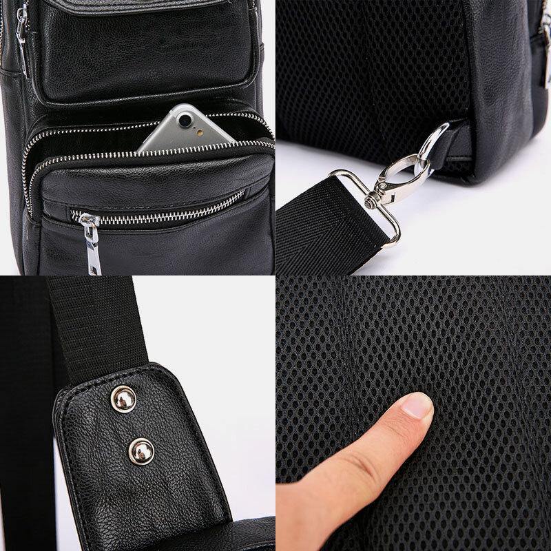 lovevop Men PU Leather Multi-pocket Large Capacity Vintage Crossbody Bag Chest Bag Sling Bag