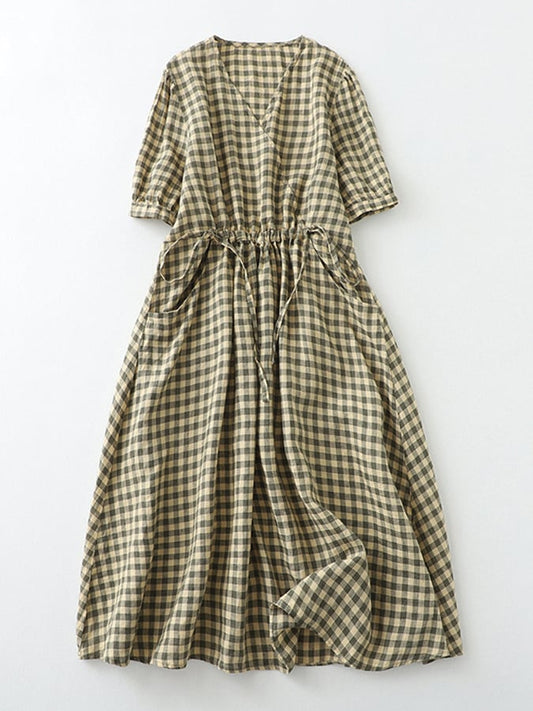 Lovevop Vintage Plaid Lace Up Waist Up Dress