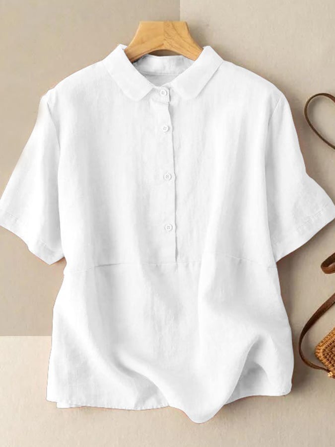Lovevop Cotton Solid Color Artistic Retro Loose Short Sleeve Shirt