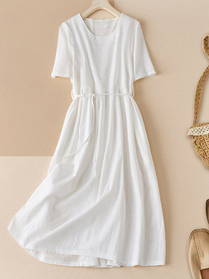 Lovevop Cotton Linen Solid Color Round Neck Short Sleeve Dress