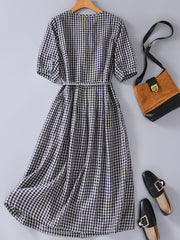 Lovevop Cotton And Linen Retro Loose And Slim Plaid Waistband Dress