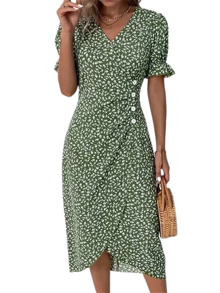 Short Sleeve Green Floral Print Button Front Midi Dress
