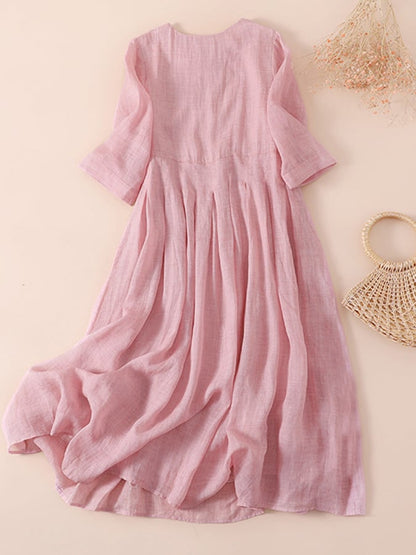 Lovevop Ramie Solid Loose Pleated Dress