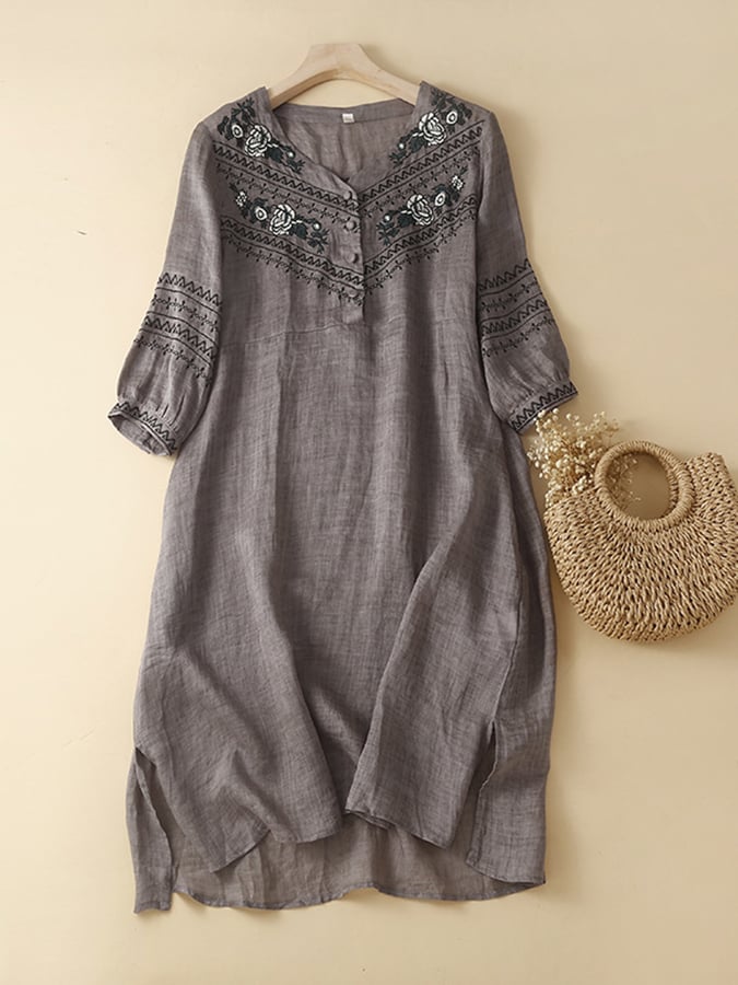 Cotton And Linen Ethnic Style Embroidery Loose Casual Slit V-neck Dress