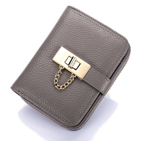 elvesmall Women Genuine Leather Zipper Card Holder Chain Lock Short Purse Wallets