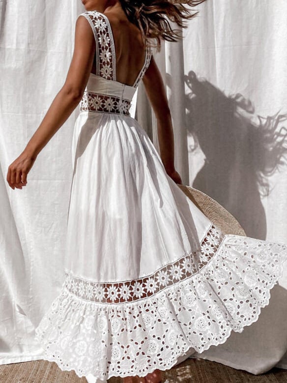 Fashion Lace Sleeveless Stitching Swing Long Dress
