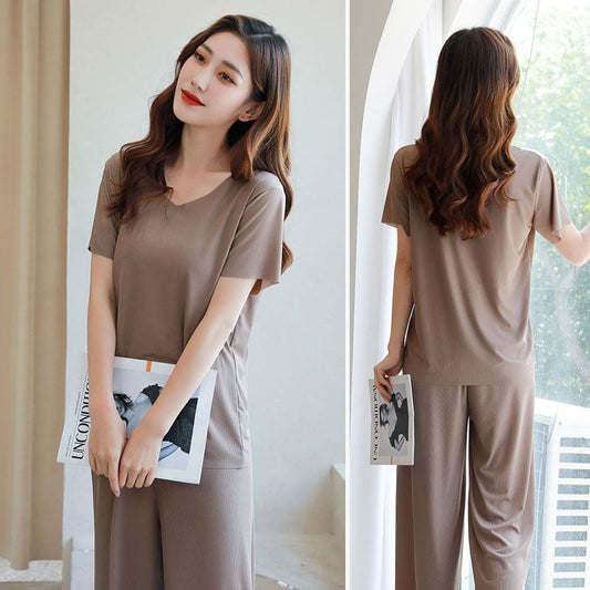 Soft Comfortable Ice Silk Short Sleeve T-Shirt Two Piece Set Loose Wide-leg Pants✨BUY 2 FREE SHIPPING✨