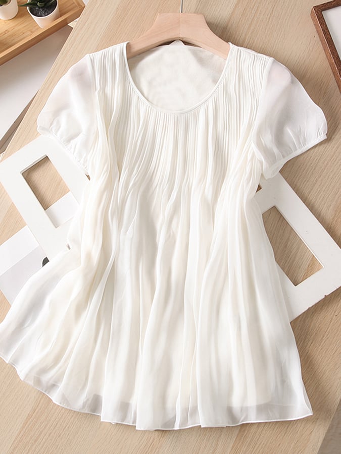 Lovevop Fashion Pleated Round Neck Shirt