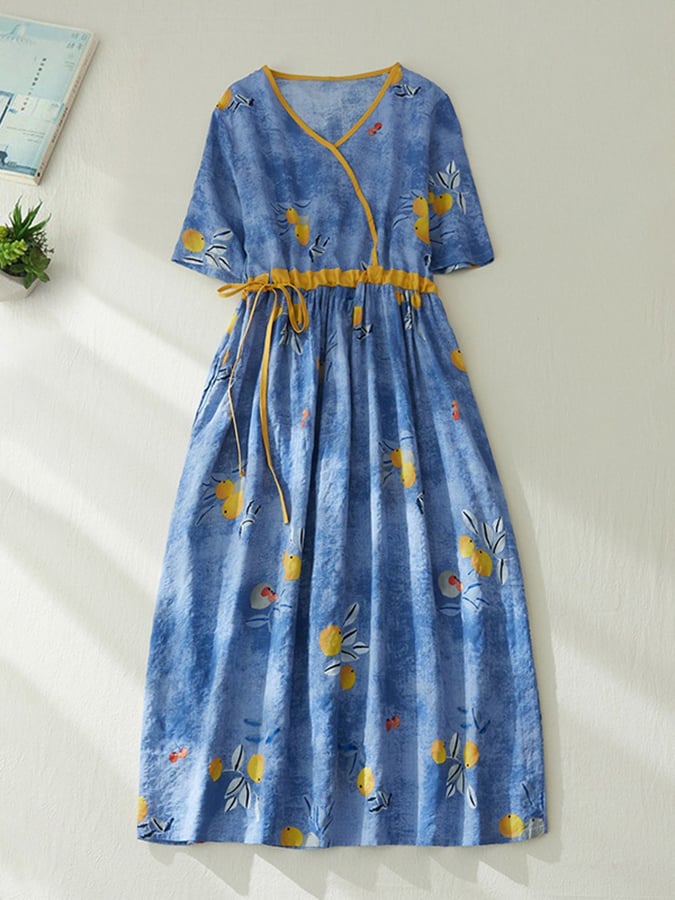 Lovevop Cotton And Linen Retro High-End Printed Tie Up Waist V-Neck Dress